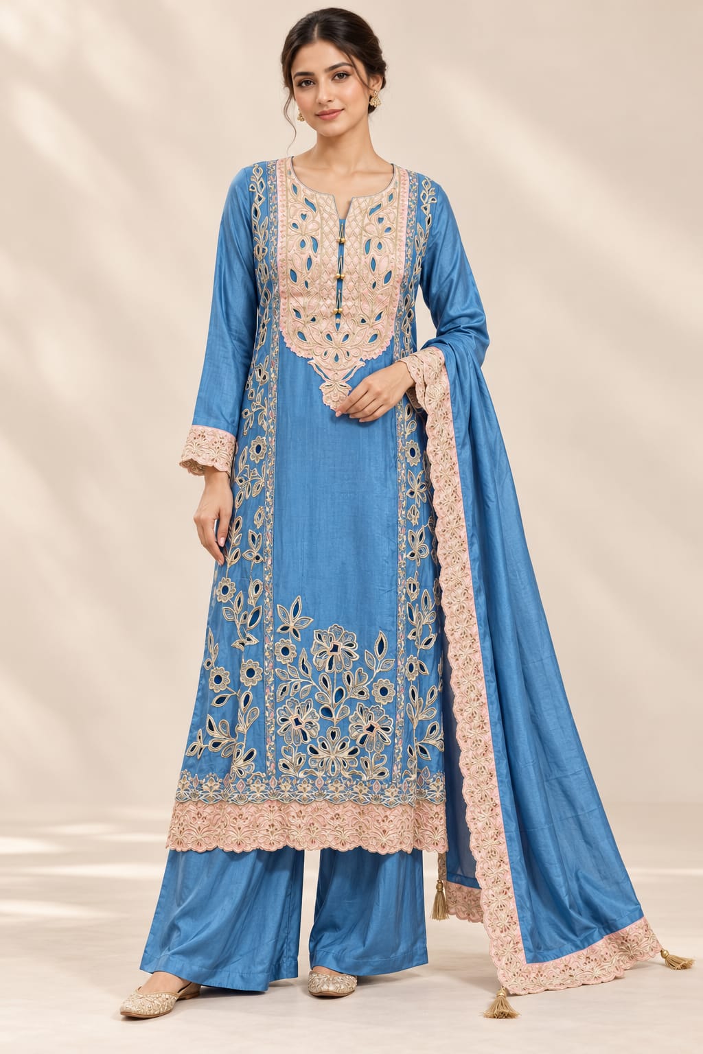 Blue Russian silk with embroidery and brocade patch Designer Suit Set