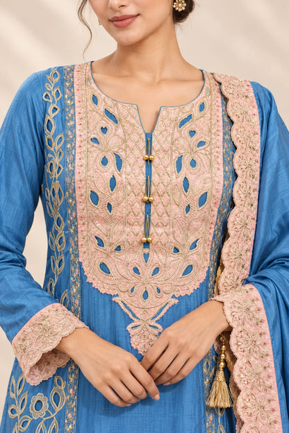 Blue Russian silk with embroidery and brocade patch Designer Suit Set