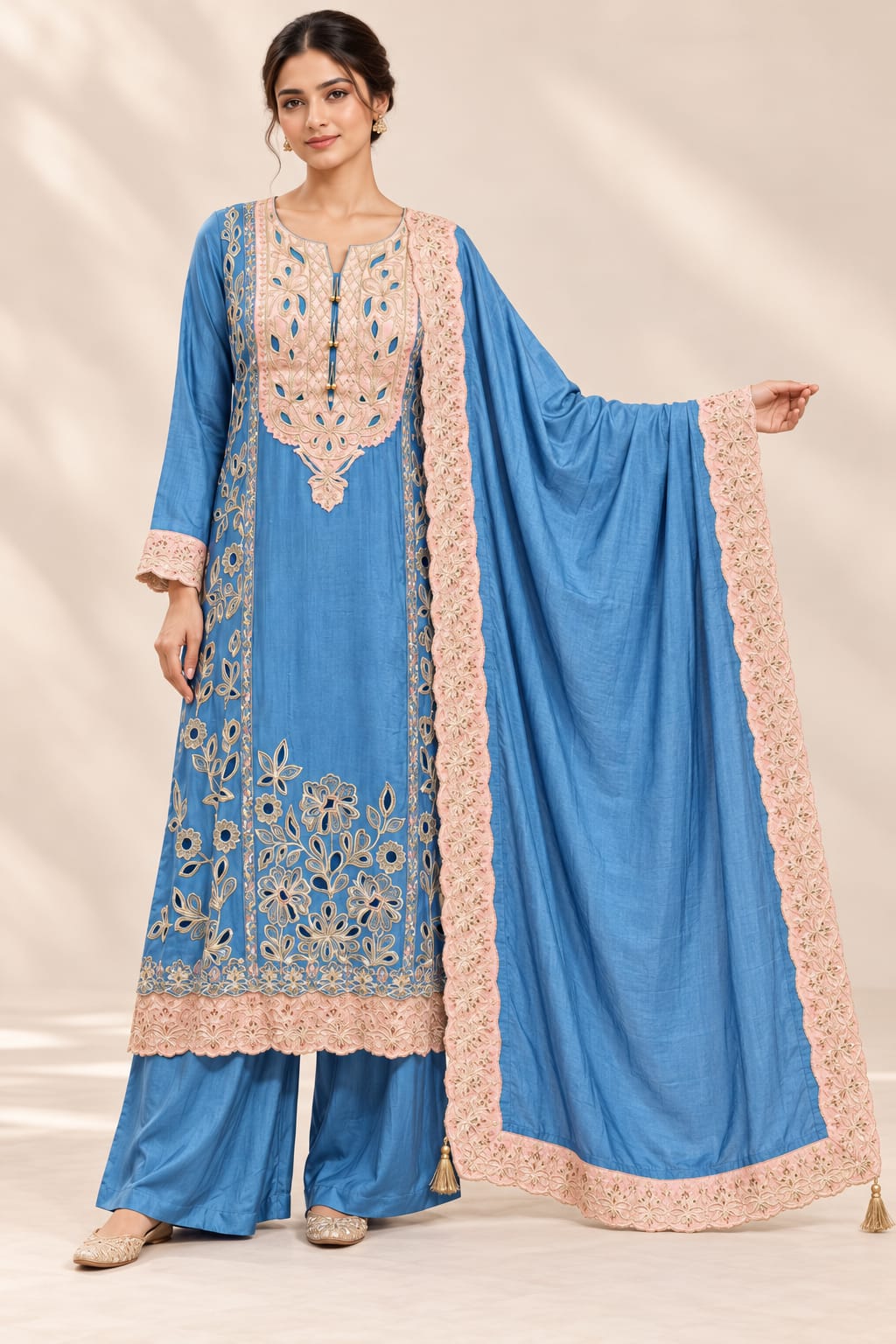 Blue Russian silk with embroidery and brocade patch Designer Suit Set