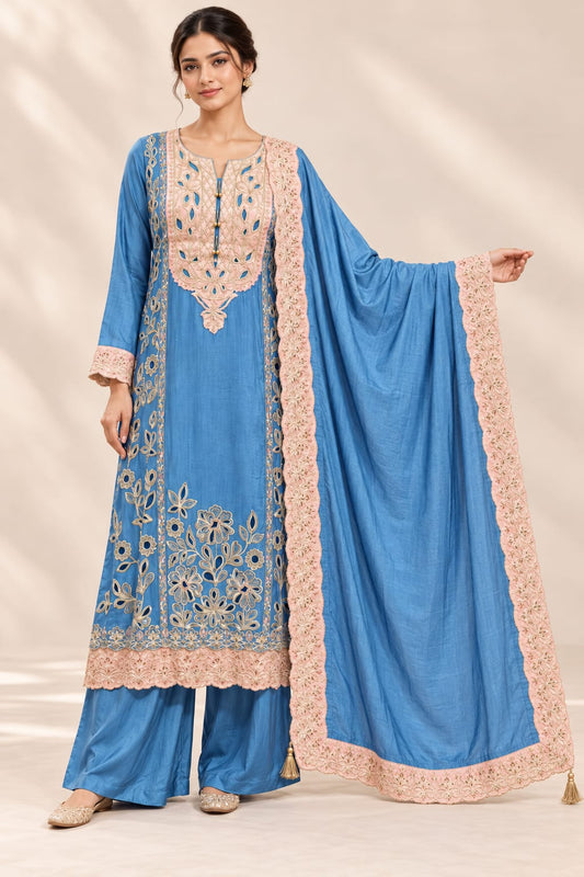 Blue Russian silk with embroidery and brocade patch Designer Suit Set
