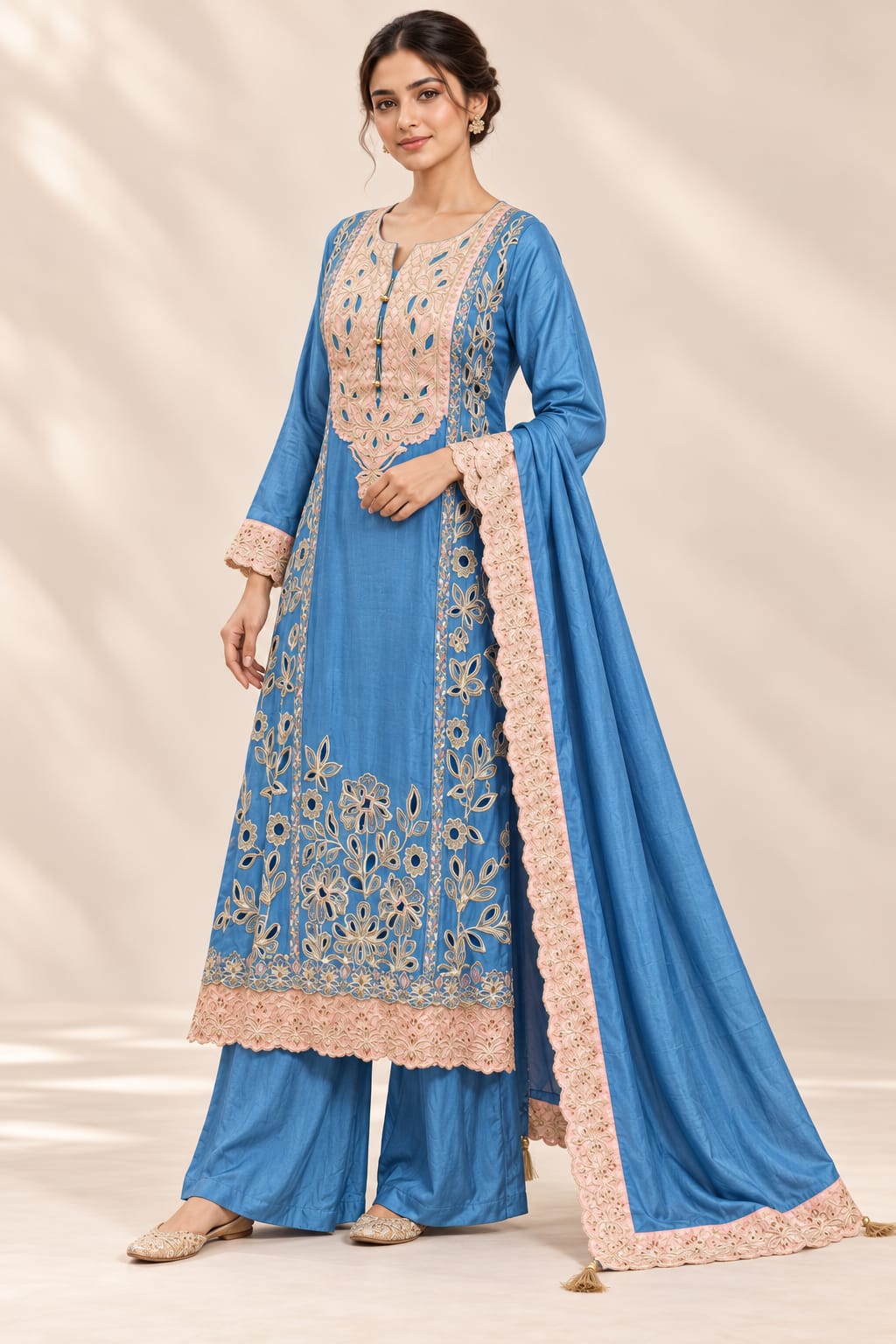 Blue Russian silk with embroidery and brocade patch Designer Suit Set