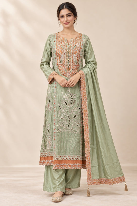 Sage Green Russian silk with embroidery and brocade patch Designer Suit Set
