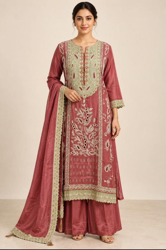 Rust Russian silk with embroidery and brocade patch Designer Suit Set