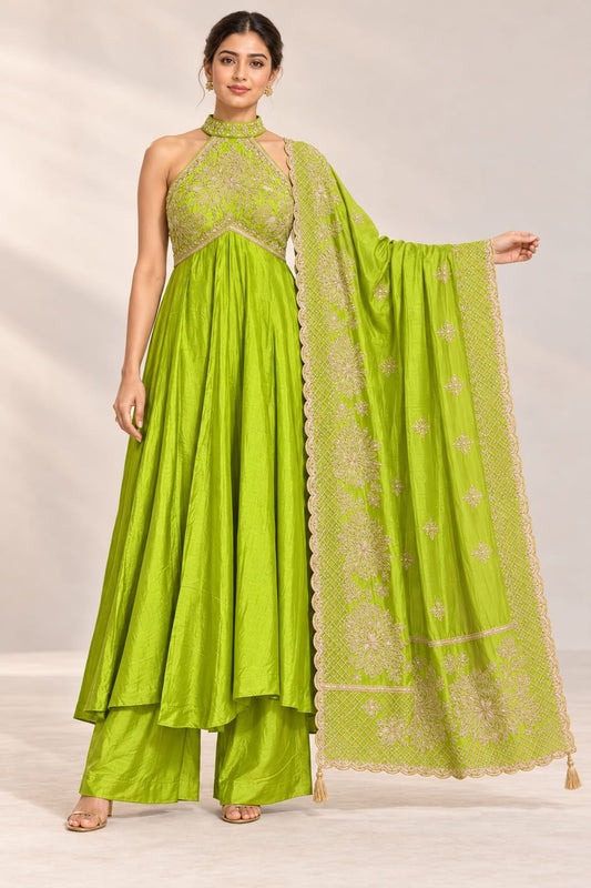 Elegant Russian Silk Halter Neck Anarkali Suit Set with Embroidered Dupatta