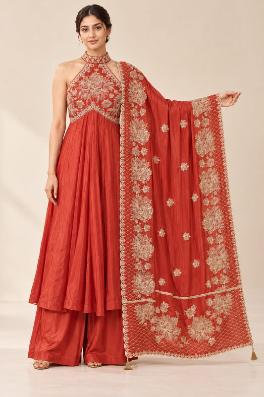 Elegant Russian Silk Halter Neck Anarkali Suit Set with Embroidered Dupatta