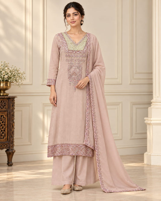 Elegant Pure Banarasi Chanderi Embroidered & Handwork Suit Set with Viscose Organza Dupatta
