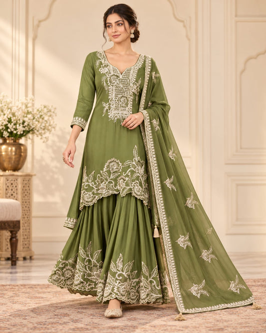 Elegant Green Viscose Organza Embroidered Sharara / Gharara Suit Set