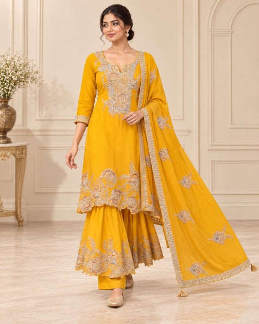 Elegant Mustard Yellow Viscose Organza Embroidered Sharara / Gharara Suit Set