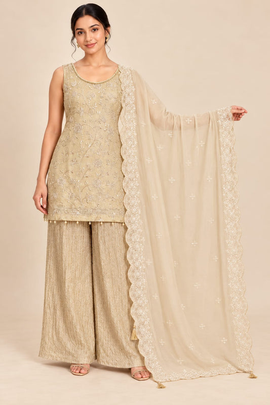 Elegant Sleeveless Viscose Shimmer Kurta Set with Beads & Handwork, palazzo & Embroidered Cutwork Dupatta