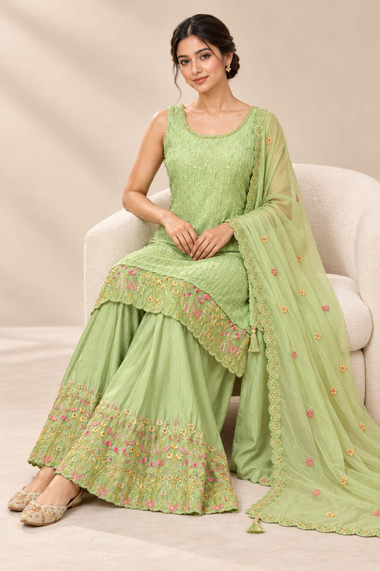 Green Viscose Shimmer Handcrafted Sharara Suit Set