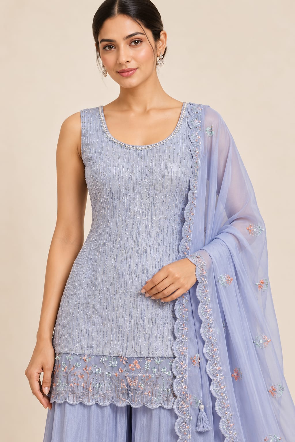 Lavender Viscose Shimmer Handcrafted Sharara Suit Set