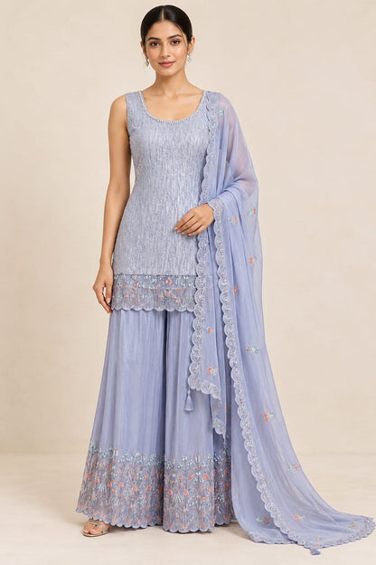 Lavender Viscose Shimmer Handcrafted Sharara Suit Set