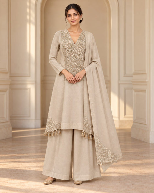 Pure Banarasi Cotton Shimmer Kurta Set with Heavy Handwork, Mul Inner & Viscose Shimmer Embroidered Dupatta