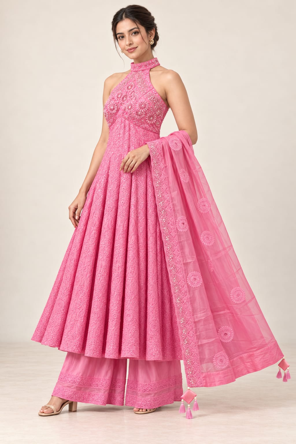 Designer Pink Bemberg Satin Halter Neck Anarkali Suit Set