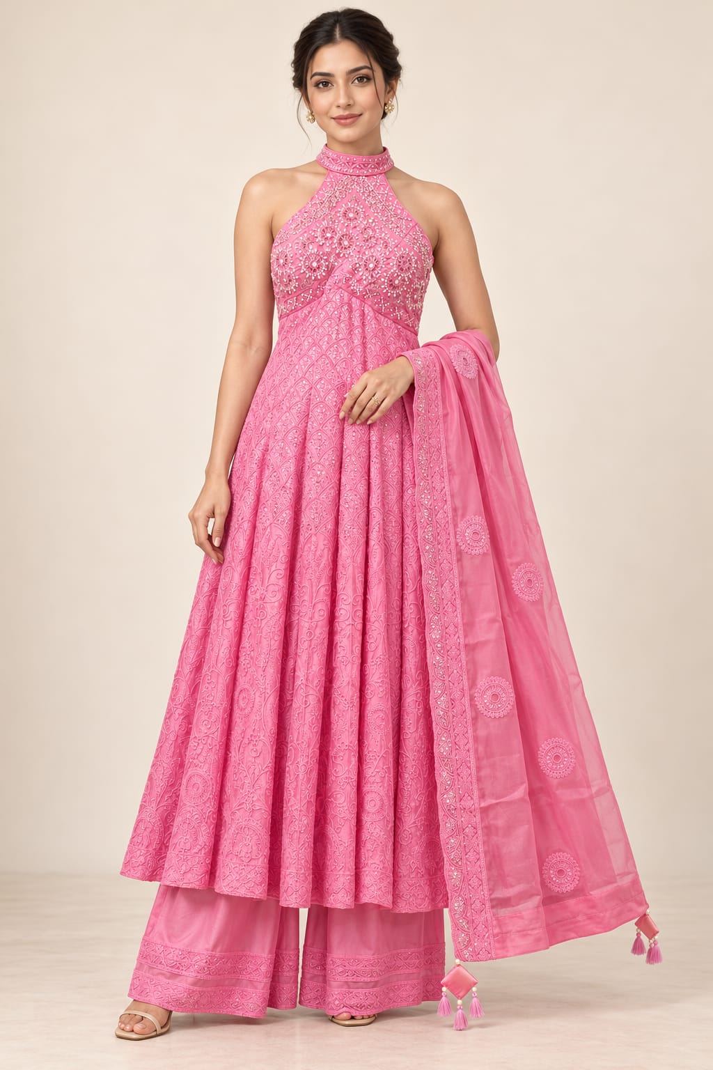 Designer Pink Bemberg Satin Halter Neck Anarkali Suit Set