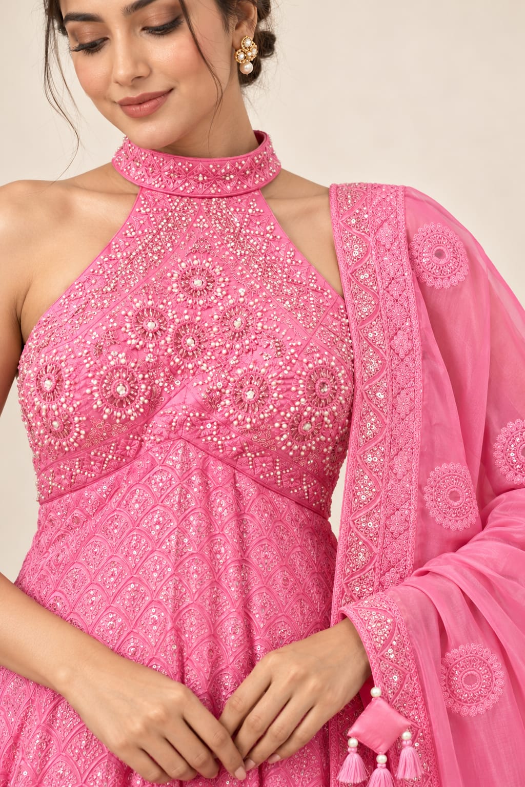 Designer Pink Bemberg Satin Halter Neck Anarkali Suit Set
