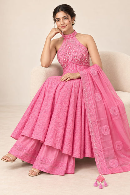 Designer Pink Bemberg Satin Halter Neck Anarkali Suit Set
