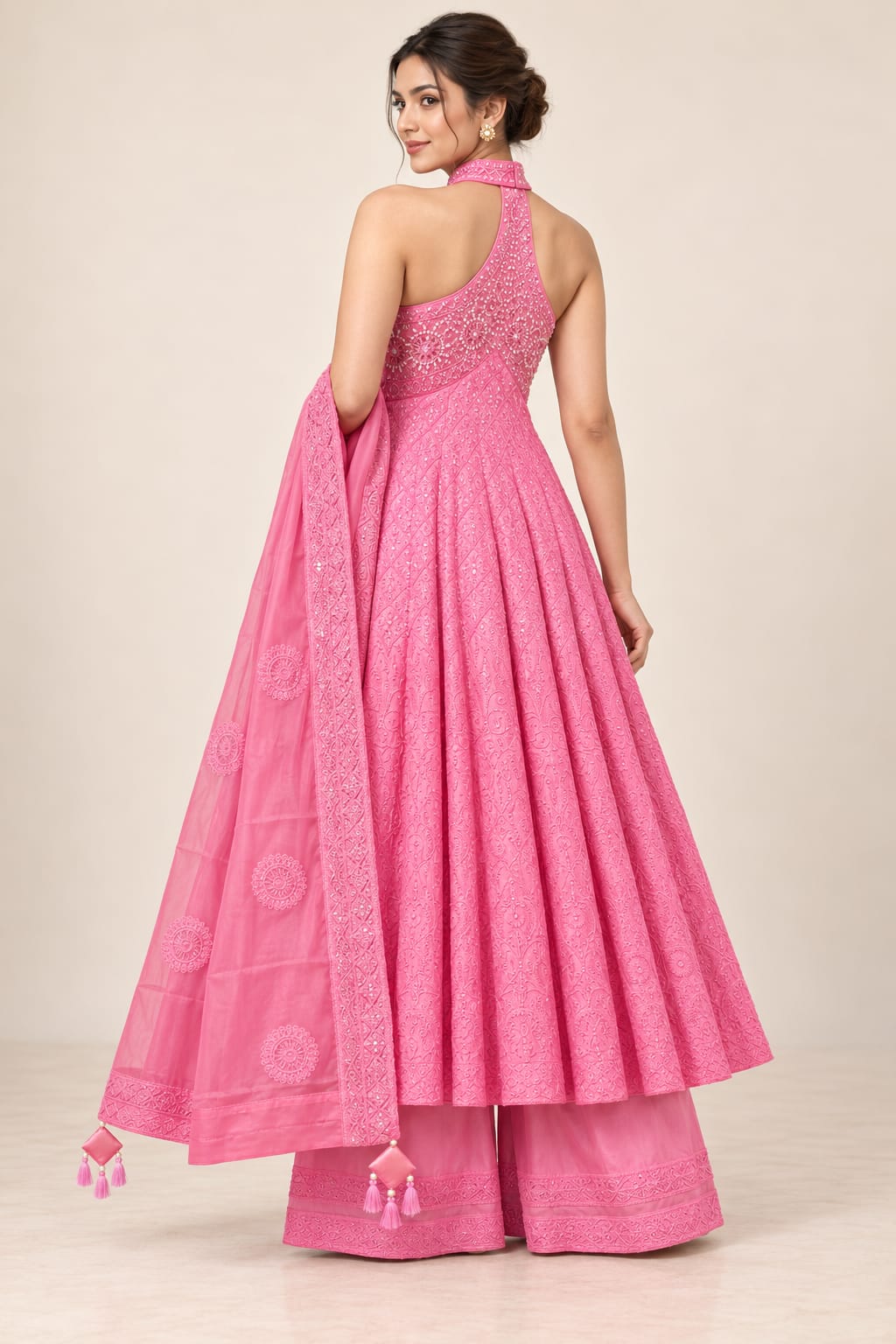 Designer Pink Bemberg Satin Halter Neck Anarkali Suit Set