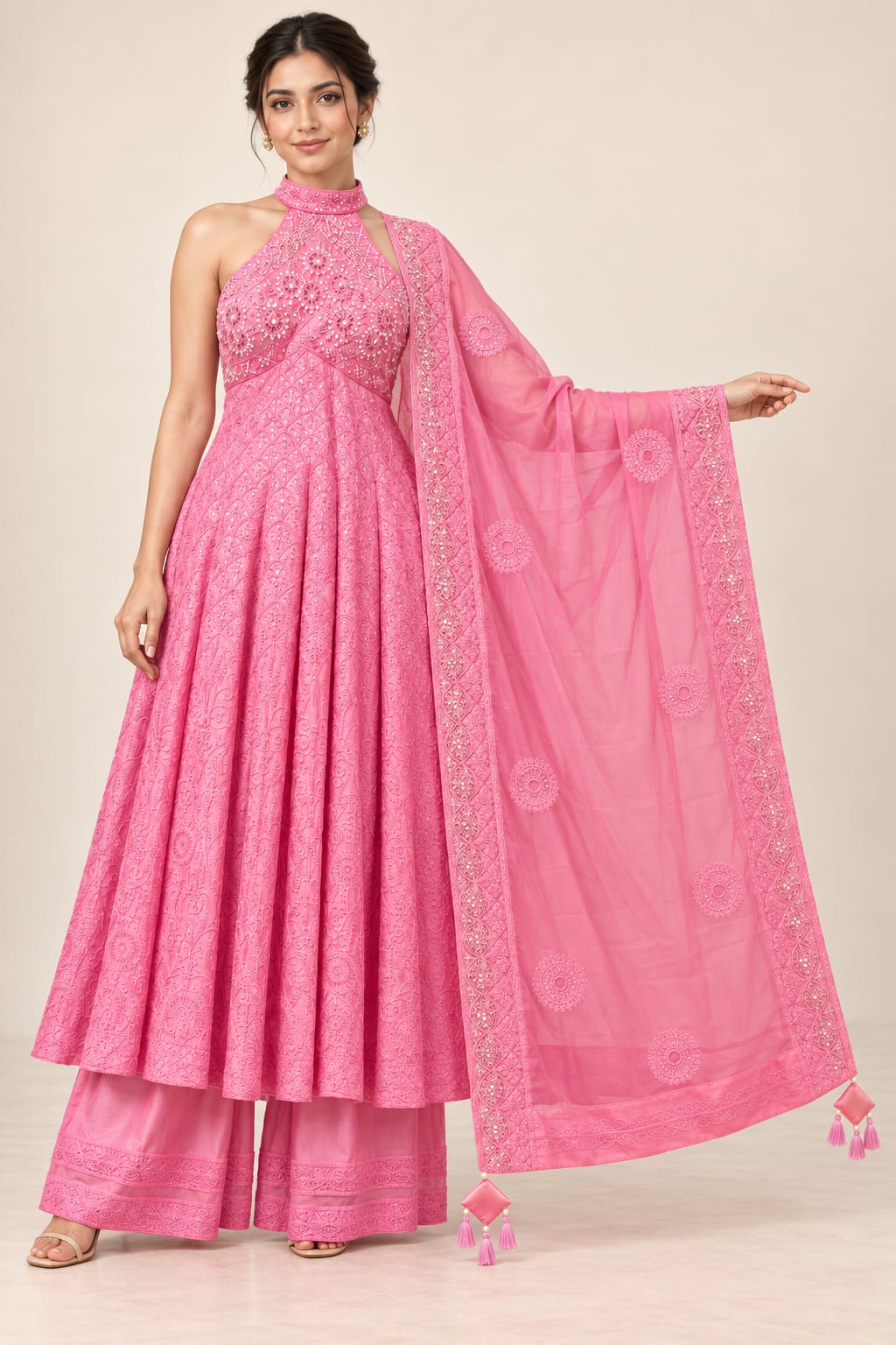 Designer Pink Bemberg Satin Halter Neck Anarkali Suit Set