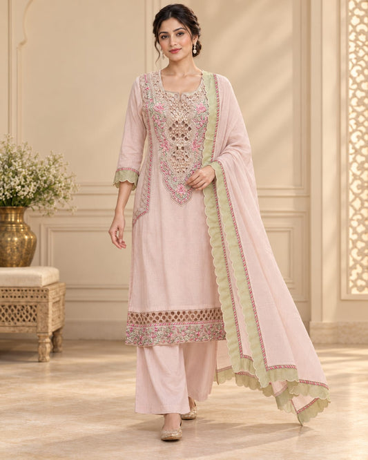 Pink Pure Banarasi Chanderi Salwar Suit Set with Hand Embroidery & Cutwork Details