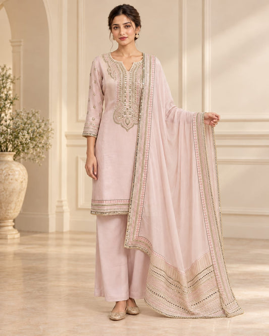 Light Pink Viscose Shimmer Kurta Set with Mirror Work, Embroidery & Organza Dupatta