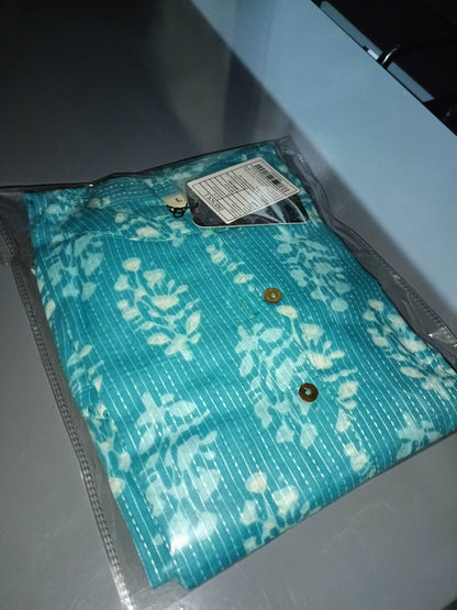 Women Sky Blue Cotton Ethnic Motifs A-Line Kurta