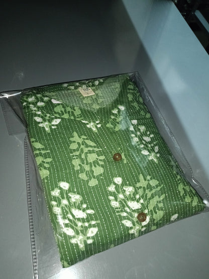 Olive Green Kantha Print Cotton A-line Kurta