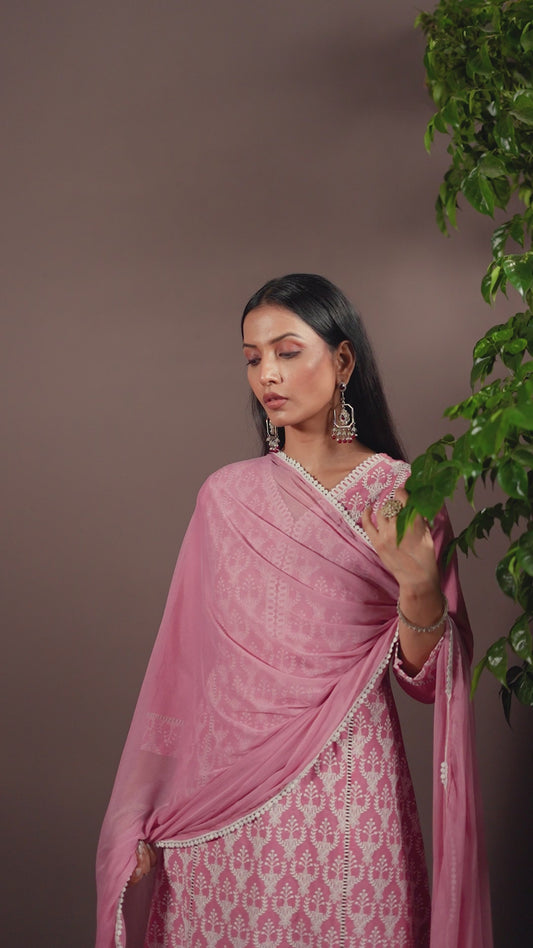 Pink Pure Cotton Embroidered Anarkali Kurta Set with Pant & Najmin Chiffon Dupatta