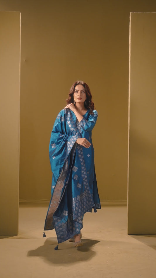Women's Turquoise Blue Art Silk Jacquard Kurta Set with Cotton Bottom and Jacquard Dupatta