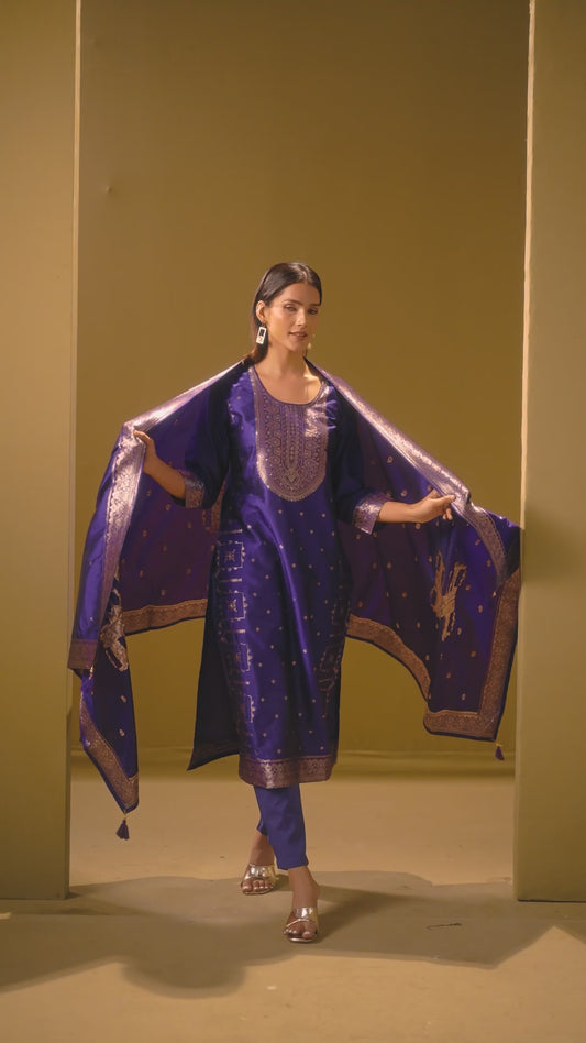 Women's Navy Blue Jacquard Art Silk Straight Kurta Set with Cotton Bottom & Silk Blend Dupatta