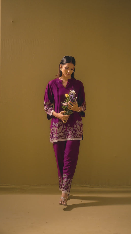 Maroon Rayon Floral Printed Co-Ord Set For Women