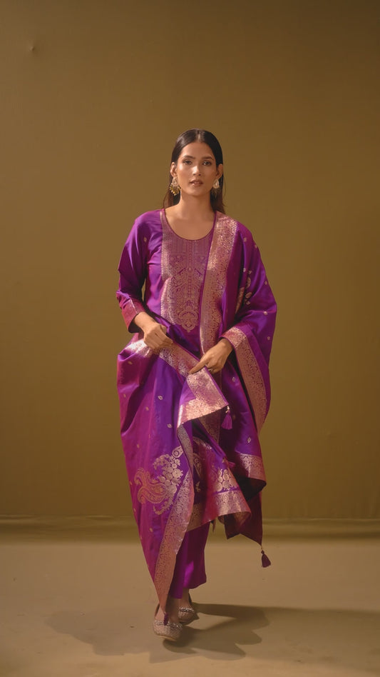 Women's Purple Jacquard Art Silk Straight Kurta Set with Cotton Bottom & Silk Blend Dupatta