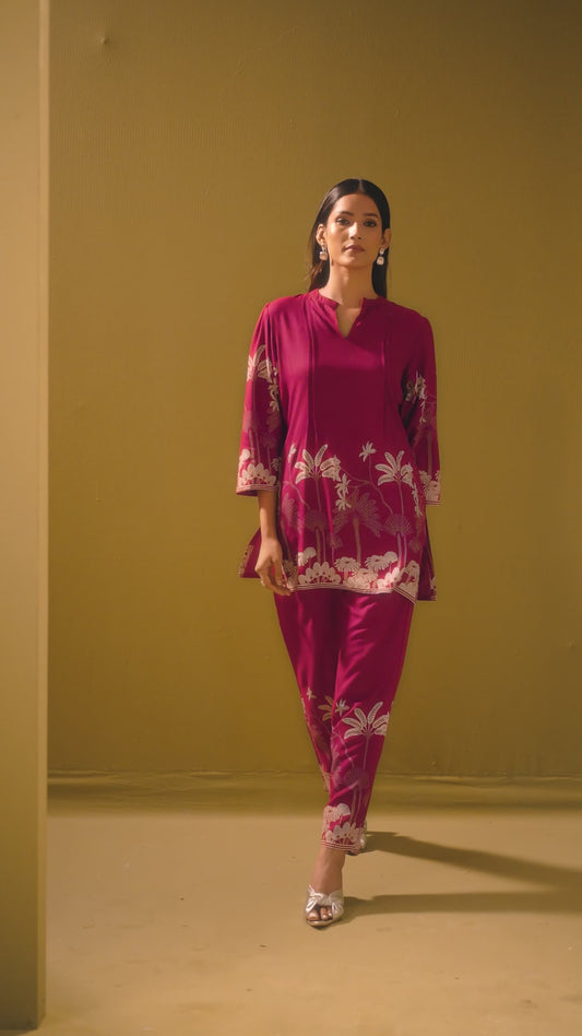 Red Rayon Floral Printed Co-Ord Set For Women