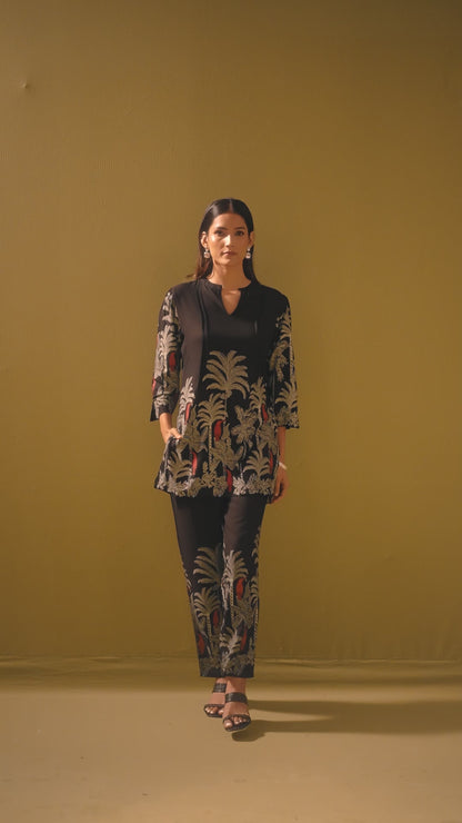 Black Rayon Floral Printed Co-Ord Set For Women