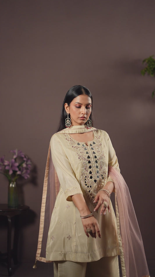 Cream Embroidered Mirror Work Silk Blend Straight Kurta Set with Grey Net Dupatta